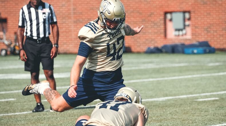 Georgia Tech kicker Brent Cimaglia attempts a placekick at a preseason practice at Bobby Dodd Stadium out of the hold of Austin Kent. (Georgia Tech Football)