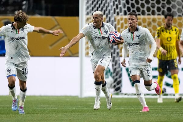 Monterrey's German Berterame reacts after scoring his team's first goal during the Club World Cup round of 16 soccer match between Borussia Dortmund and CF Monterrey in Atlanta, Tuesday, July 1, 2025. (AP Photo/Brynn Anderson)