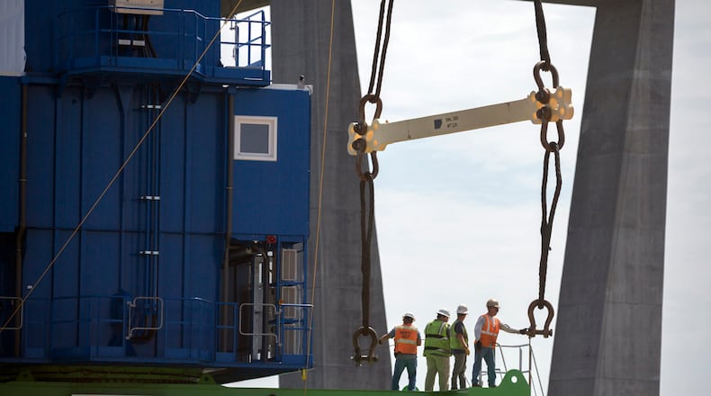 The vessel BBS Fiji unloads two new mobile harbor cranes at the Georgia Ports Authority's Ocean Terminal, Tuesday, June 30, 2020, in Savannah, Ga. Two new mobile harbor cranes will allow the Georgia Ports Authority to grow container handling services at Ocean Terminal. (Stephen B. Morton/Georgia Ports Authority)