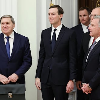 FILE - Russian Presidential foreign policy adviser Yuri Ushakov, left, U.S. President Donald Trump's son-in-law Jared Kushner, center, U.S. special envoy Steve Witkoff, foreground right, and Russian Direct Investment Fund CEO Special Presidential Representative for Investment and Economic Cooperation with Foreign Countries Kirill Dmitriev, behind Witkoff, arrive to attend talks with Russian President Vladimir Putin at the Senate Palace of the Kremlin in Moscow, Russia, Dec. 2, 2025. (Alexander Kazakov, Sputnik, Kremlin Pool Photo via AP, File)
