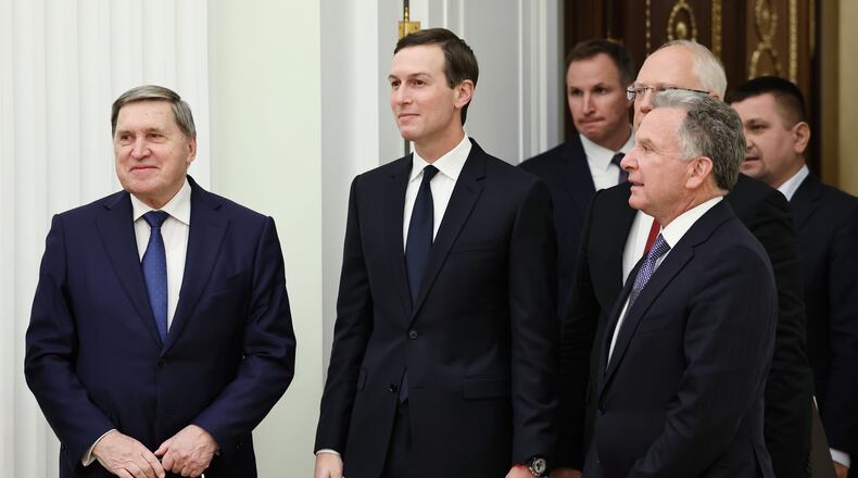 FILE - Russian Presidential foreign policy adviser Yuri Ushakov, left, U.S. President Donald Trump's son-in-law Jared Kushner, center, U.S. special envoy Steve Witkoff, foreground right, and Russian Direct Investment Fund CEO Special Presidential Representative for Investment and Economic Cooperation with Foreign Countries Kirill Dmitriev, behind Witkoff, arrive to attend talks with Russian President Vladimir Putin at the Senate Palace of the Kremlin in Moscow, Russia, Dec. 2, 2025. (Alexander Kazakov, Sputnik, Kremlin Pool Photo via AP, File)