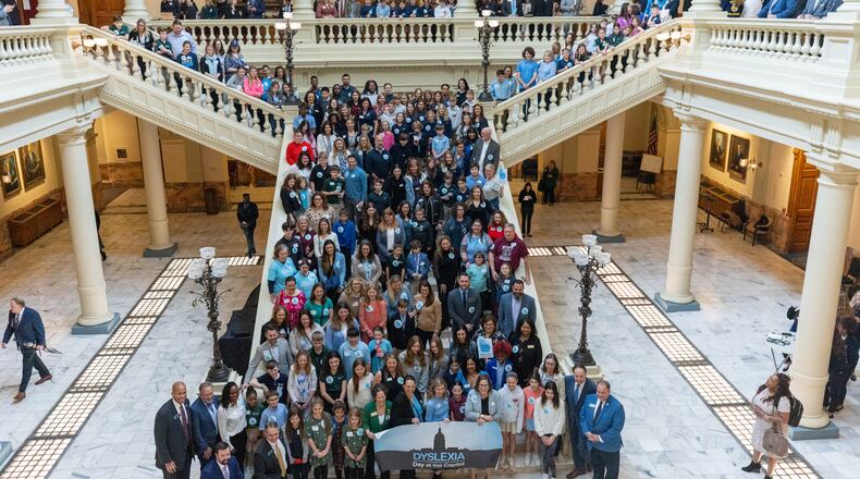 The group Decoding Dyslexia Georgia was among those pushing for dyslexia screening and for an overhaul of literacy teaching. The advocacy efforts led to state laws passed in 2019 and this year. Decoding Dyslexia members gathered on the south steps at the state Capitol on Tuesday, Feb 21, 2023, during the legislative session. (Steve Schaefer / steve.schaefer@ajc.com)