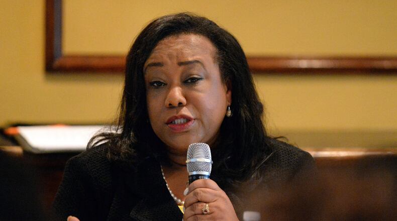 DeKalb County Commissioner Sharon Barnes Sutton speaks during a debate with challenger Steve Bradshaw on June 27. Bradshaw went on to win election to represent DeKalb Commission District 4. KENT D. JOHNSON/ KDJOHNSON@AJC.COM