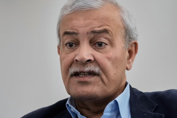 Dr. Younis Al-Khatib, President of the Palestine Red Crescent Society, speaks during an interview with The Associated Press at the International Federation of Red Cross and Red Crescent Societies in Baabda, east of Beirut, Lebanon, Wednesday, April 30, 2025. (AP Photo/Bilal Hussein)