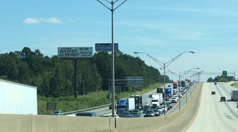 Traffic is backed up on I-75 northbound in Forsyth as some in Florida flee in advance of Hurricane Irma. JOSH SHARPE/AJC