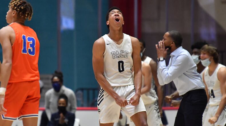 Pace Academy's Matthew Cleveland (0) reacts during the Class 2A boys championship game Thursday, March 11, 2021, at the Macon Centreplex in Macon. Pace Academy defeated Columbia, 73-42. (Hyosub Shin / Hyosub.Shin@ajc.com)