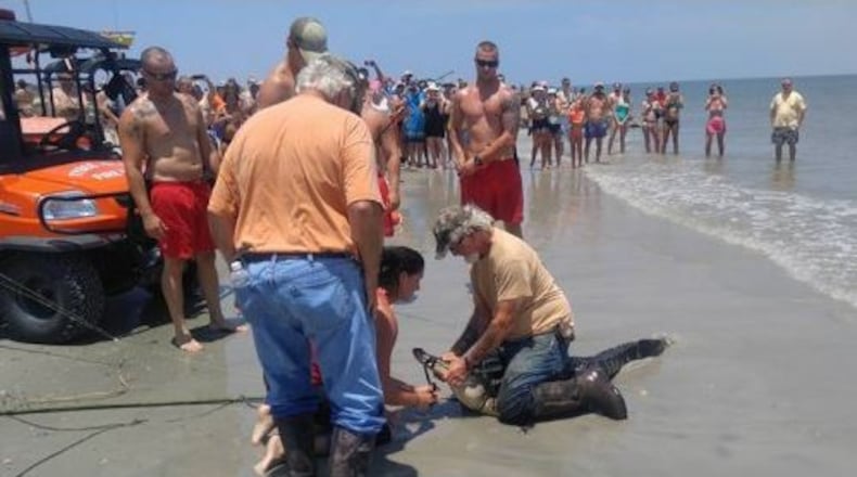 Professional trapper Jack Douglas and the alligator he captured Friday off Tybee Island. (Credit: Savannah Morning News)