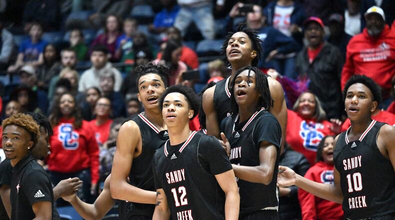 Sandy Creek players react at the end of the 4th quarter during 2023 GHSA Basketball Class 3A Boy’s State Championship game at the Macon Centreplex, Friday, March 10, 2023, in Macon, GA. Sandy Creek won 66-38 over Cedar Grove. (Hyosub Shin / Hyosub.Shin@ajc.com)