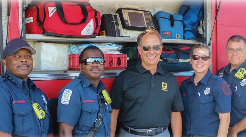 Alpharetta recently approved the purchase of 10 LIFEPAK 15 cardiac monitors/defibrillators, 55 AEDs (automated external defibrillator). Shown here Fulton County public safety officers with equipment. (Courtesy City of Alpharetta)