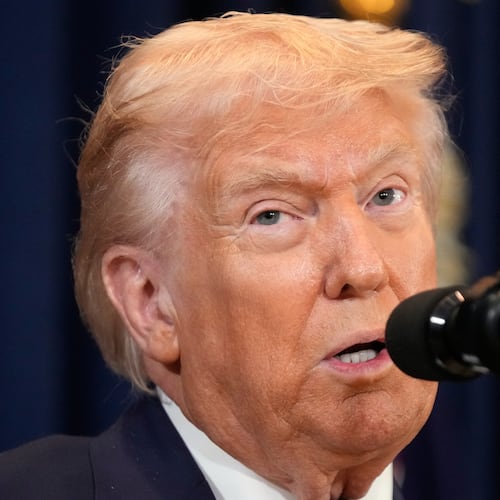 President Donald Trump speaks at a news conference, Monday, March 9, 2026, at Trump National Doral Miami in Doral, Fla. (AP Photo/Mark Schiefelbein)