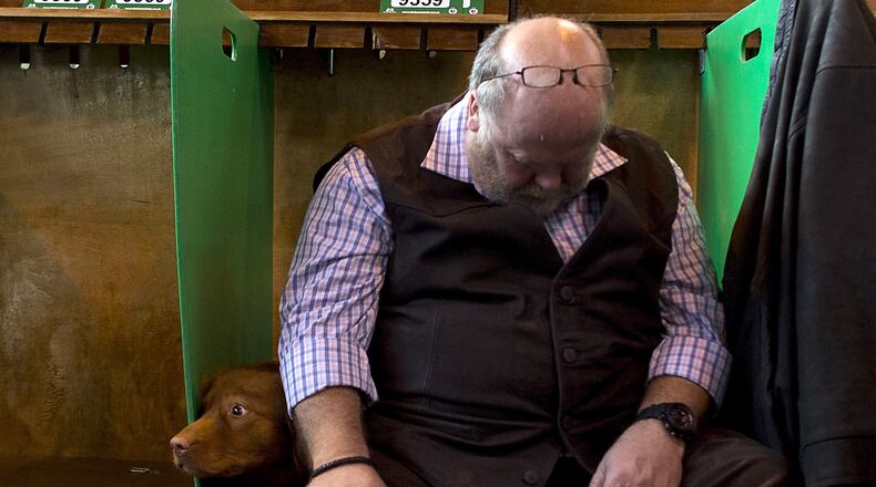 A man sleeps on a bench next to his weimaraner during the second day of Crufts Dog Show on March 11, 2016 in Birmingham, England.