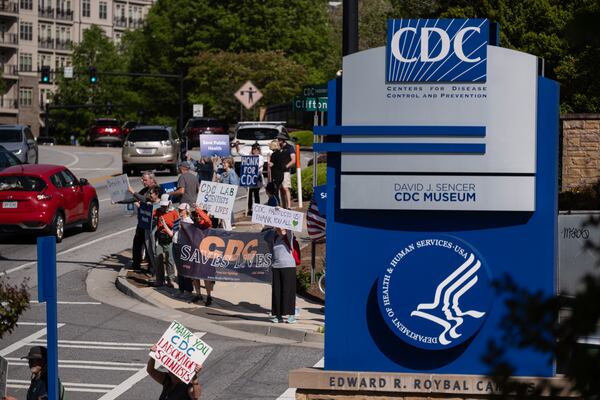Supporters of the Centers for Disease Control and Prevention rally in front of the Atlanta headquarters on Tuesday, April 15, 2025. (Ben Gray for The Atlanta Journal-Constitution)