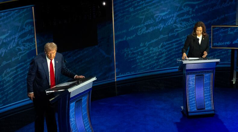 Former President Donald Trump and Vice President Kamala Harris prepare to leave the stage after their debate, at the National Constitution Center in Philadelphia, on Tuesday, Sept. 10, 2024. Tuesday’s debate was expected to center on defining Harris. Instead, with words and with body language, she turned it into a referendum on Trump. (Doug Mills/The New York Times)