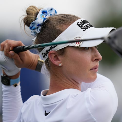 Nelly Korda watches her tee shot on the 12th hole during the third round of the Chevron Championship LPGA golf tournament Saturday, April 25, 2026, in Houston. (AP Photo/David J. Phillip)