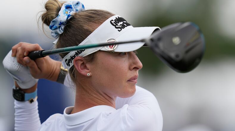 Nelly Korda watches her tee shot on the 12th hole during the third round of the Chevron Championship LPGA golf tournament Saturday, April 25, 2026, in Houston. (AP Photo/David J. Phillip)