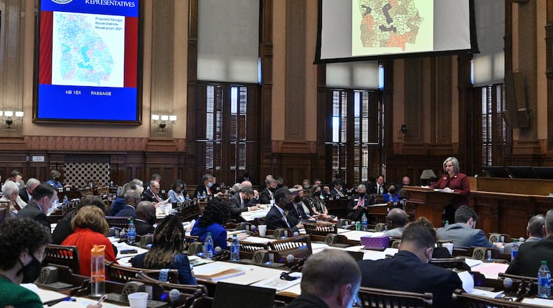 Rep. Bonnie Rich (R-Suwanee) speaks on behalf of HB 1 EX in the House chamber during Day 6 of a redistricting special session at the Georgia State Capitol in Atlanta in November 2021. Plaintiffs in a federal lawsuit allege that the lawmakers weakened Black voting power, in violation of the Voting Rights Act, when they redrew the state’s political maps in 2021. (Hyosub Shin / Hyosub.Shin@ajc.com)
