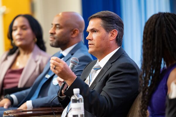 Former Lt. Gov. Geoff Duncan answers a question during a forum for Democratic candidates for governor at Morehouse College last week. (Ben Gray for the AJC)
