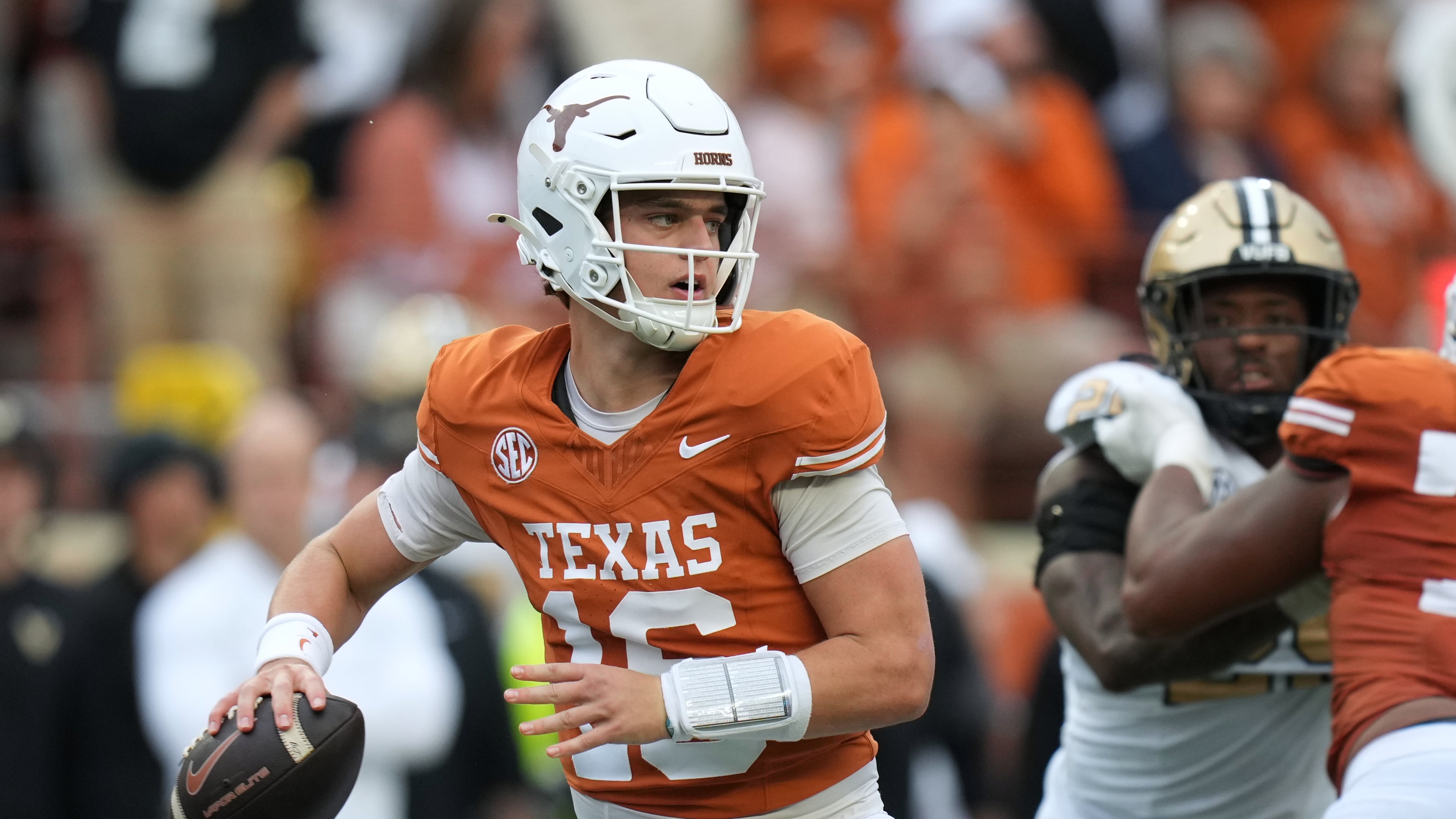Texas quarterback Arch Manning (16) looks to throw against Vanderbilt during the second half of an NCAA college football game in Austin, Texas, Saturday, Nov. 1, 2025. (AP Photo/Eric Gay)