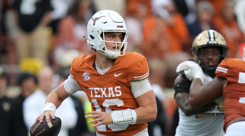 Texas quarterback Arch Manning (16) looks to throw against Vanderbilt during the second half of an NCAA college football game in Austin, Texas, Saturday, Nov. 1, 2025. (AP Photo/Eric Gay)