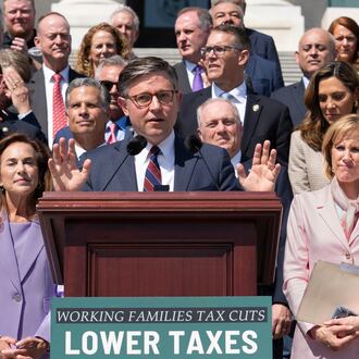 Speaker of the House Mike Johnson, R-La., and fellow Republicans celebrate GOP tax policies at an event outside the Capitol in Washington, Wednesday, April 15, 2026. (AP Photo/J. Scott Applewhite)