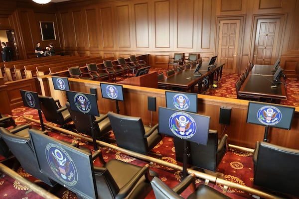 A view from the jury box is shown inside a federal courtroom similar to the room where the trial of Sean “Diddy” Combs’is being held in Federal District court in Manhattan on Friday, June 6, 2025 in New York. (Jefferson Siegel /The New York Times via AP, Pool)