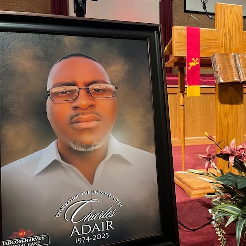 FILE - A portrait of Charles Adair, who died after a deputy kneeled on his back in a Kansas jail, is displayed at a news conference held by his family and their attorneys at Friendship Baptist Church in Kansas City, Mo., on Sunday, Sept. 23, 2025. (AP Photo/Heather Hollingsworth, File)