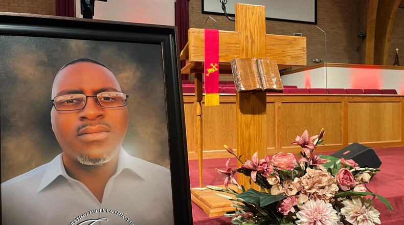 FILE - A portrait of Charles Adair, who died after a deputy kneeled on his back in a Kansas jail, is displayed at a news conference held by his family and their attorneys at Friendship Baptist Church in Kansas City, Mo., on Sunday, Sept. 23, 2025. (AP Photo/Heather Hollingsworth, File)