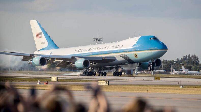 President Donald J. Trump aboard Air Force One touches down at Palm Beach International Airport in West Palm Beach, Florida on Friday, February 3, 2017. Trump will be spending the weekend at his Mar-a-Lago estate in Palm Beach. (Allen Eyestone /The Palm Beach Post)