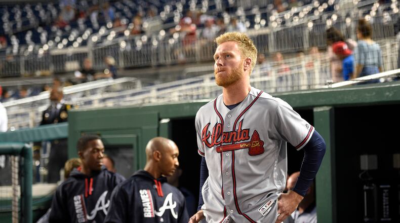 Braves starting pitcher Mike Foltynewicz watches from the dugout during a rain delay before the game against the Washington Nationals, Thursday, July 6, 2017, in Washington. (AP Photo/Nick Wass)