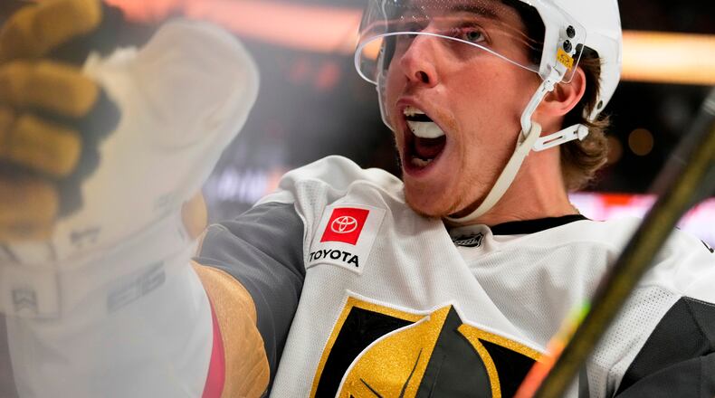 Vegas Golden Knights right wing Mitch Marner celebrates his goal during the second period in Game 3 of a second-round NHL hockey Stanley Cup playoff series against the Anaheim Ducks, Friday, May 8, 2026, in Anaheim, Calif. (AP Photo/Mark J. Terrill)