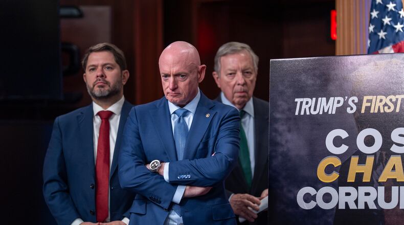 From left, Sen. Ruben Gallego D-Ariz., Sen. Mark Kelly, D-Ariz., and Senate Minority Whip Dick Durbin, D-Ill., join Senate Minority Leader Chuck Schumer, D-N.Y., for a news conference as they criticize President Donald Trump's policies and agenda ahead of his State of the Union speech, at the Capitol in Washington, Tuesday, Feb. 24, 2026. (AP Photo/J. Scott Applewhite)