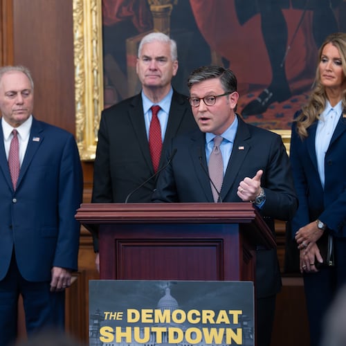 Speaker of the House Mike Johnson, R-La., faces reporters, joined from left by Majority Leader Steve Scalise, R-La. (left), Majority Whip Tom Emmer, R-Minn. (center), and Small Business Administration head Kelly Loeffler (right) at a news conference on day 27 of the government shutdown, at the Capitol in Washington, Monday, Oct. 27, 2025. (J. Scott Applewhite/AP)