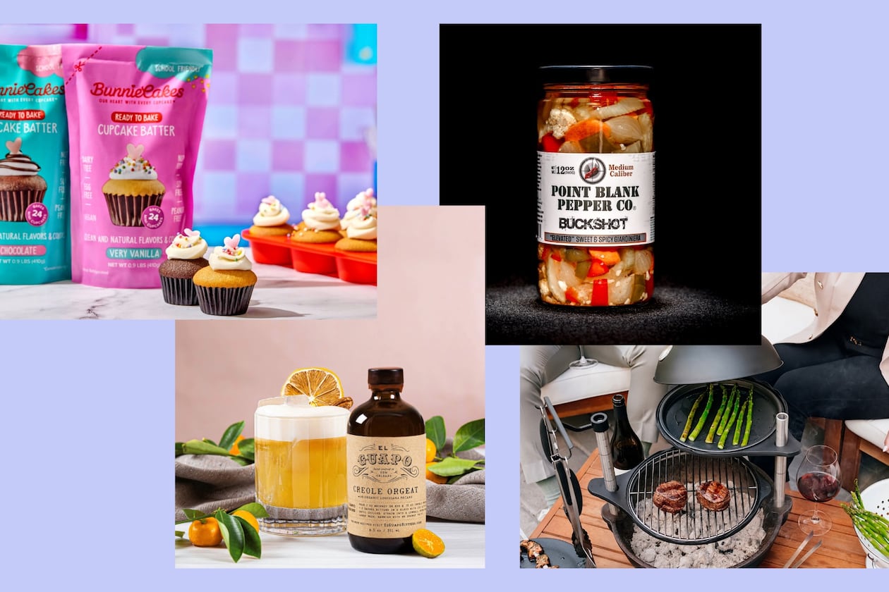 A selection of Southern products to try in August (left to right): Cupcake batter (Courtesy of Bunnie Cakes); Creole orgeat (Courtesy of El Guapo Bitters); Pickled vegetables (Courtesy of Stephen Caudill); and a tabletop grill (Courtesy of Bola Grills).