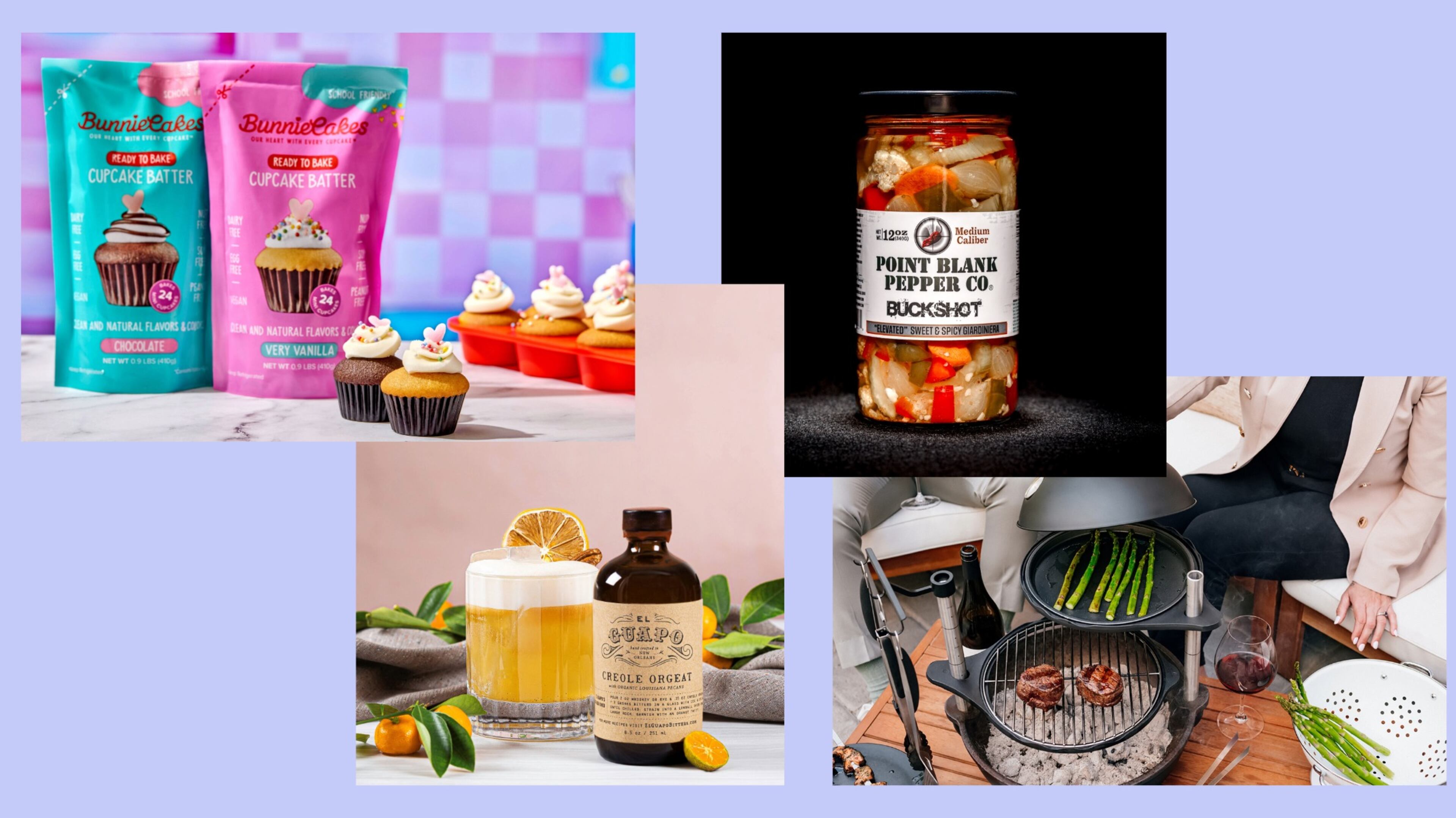 A selection of Southern products to try in August (left to right): Cupcake batter (Courtesy of Bunnie Cakes); Creole orgeat (Courtesy of El Guapo Bitters); Pickled vegetables (Courtesy of Stephen Caudill); and a tabletop grill (Courtesy of Bola Grills).