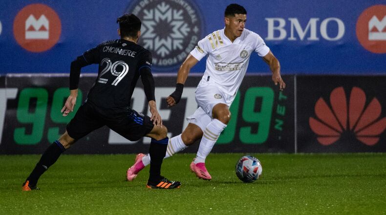 Atlanta United defender Ronald Hernandez (2) dribbles the ball during the first half of the match against Montreal Saturday, Oct. 2, 2021, at Stade Saputo in Montreal, Quebec. (Audrey Magny/Atlanta United)