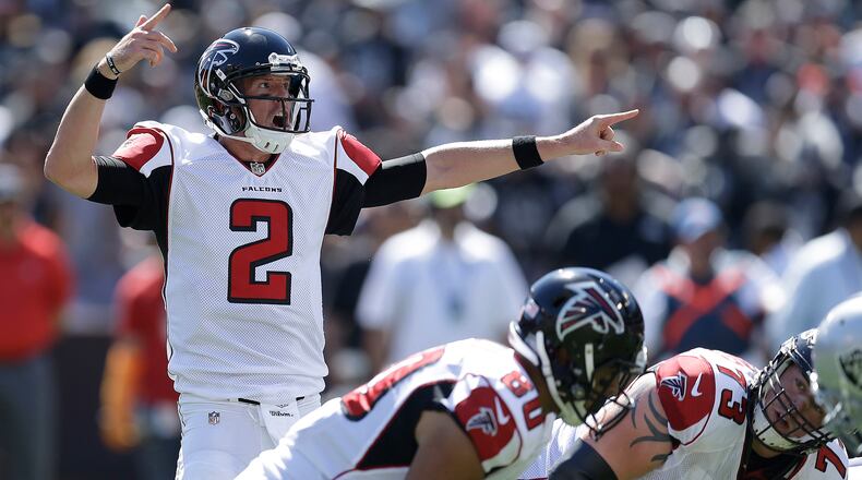 Atlanta Falcons quarterback Matt Ryan (2) gestures against the Oakland Raiders during the first half of an NFL football game in Oakland, Calif., Sunday, Sept. 18, 2016. (AP Photo/Ben Margot)