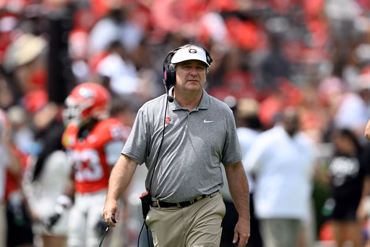 Georgia head coach Kirby Smart watches the action during the G-Day spring football game at Sanford Stadium on Saturday, April 18, 2026, in Athens. Smart cited the fleeting interest in non-playoff bowl games last fall. (Hyosub Shin/AJC)