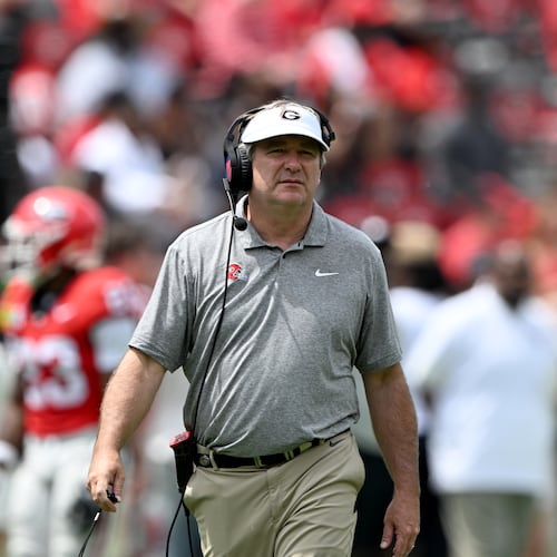 Georgia head coach Kirby Smart watches the action during the G-Day spring football game at Sanford Stadium on Saturday, April 18, 2026, in Athens. Smart cited the fleeting interest in non-playoff bowl games last fall. (Hyosub Shin/AJC)