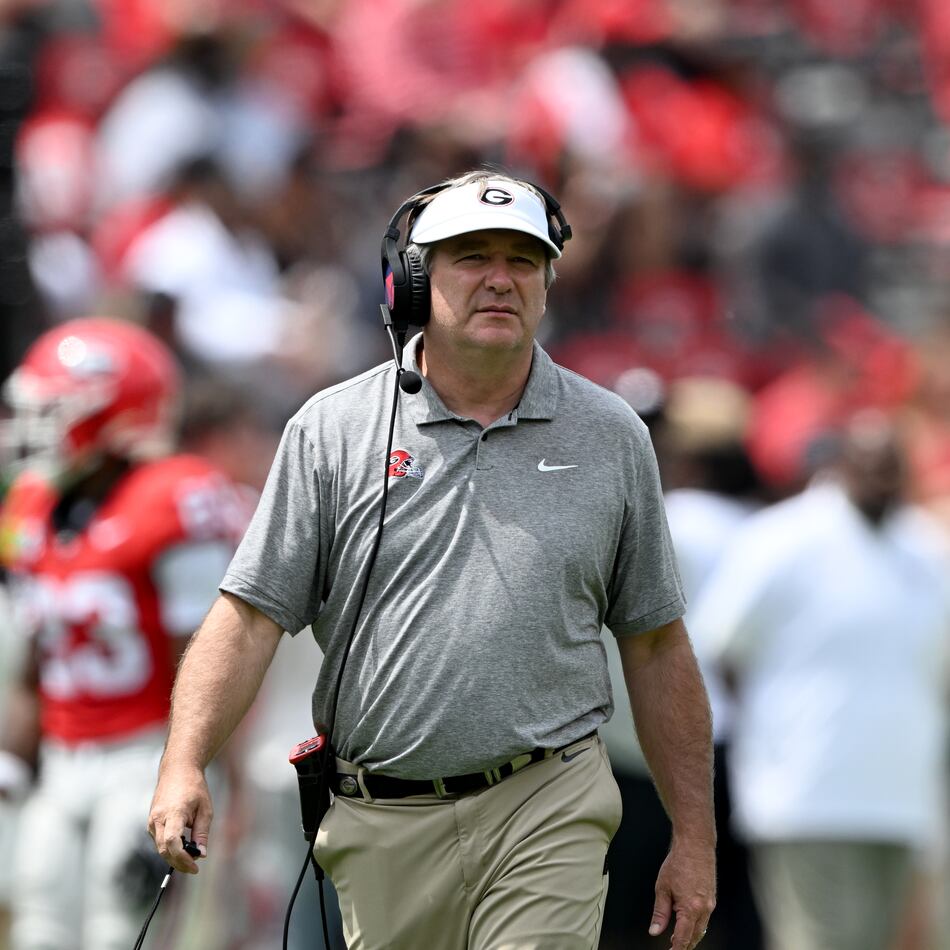 Georgia head coach Kirby Smart watches the action during the G-Day spring football game at Sanford Stadium on Saturday, April 18, 2026, in Athens. Smart cited the fleeting interest in non-playoff bowl games last fall. (Hyosub Shin/AJC)