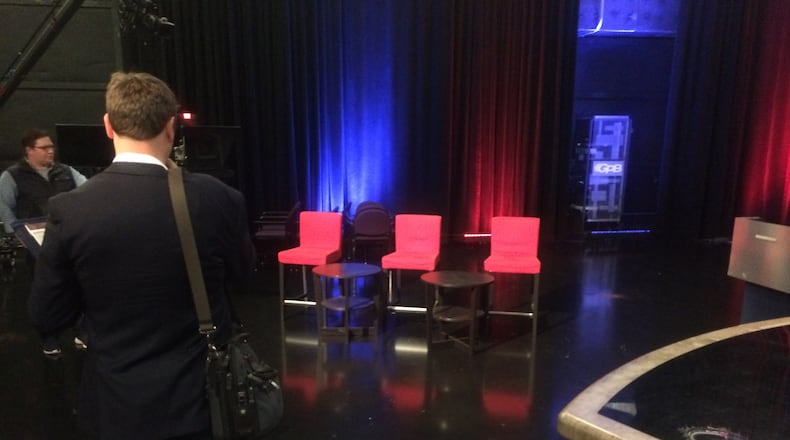 The debate stage arrangment that prompted objections from U.S. Sen. Johnny Isakson's challengers. Jim Galloway/AJC