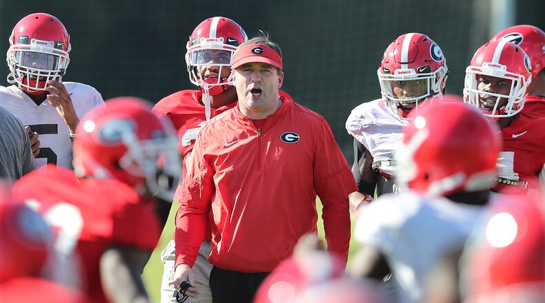 Georgia head coach Kirby Smart runs his team through practice for the Rose Bowl at the StubHub Center on Friday, December 29, 2017, in Carson.    Curtis Compton/ccompton@ajc.com