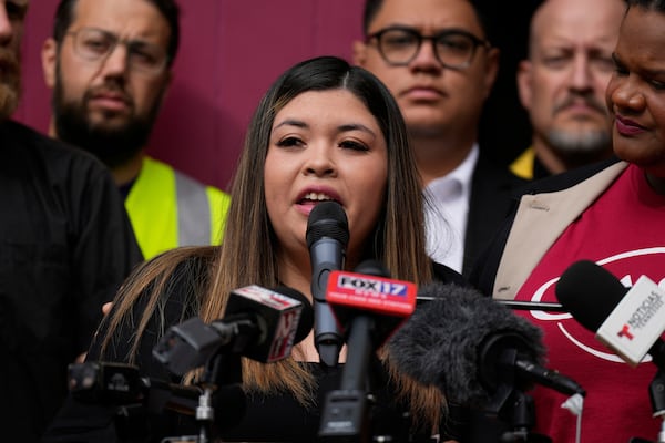Jennifer, wife of Kilmar Abrego Garcia, speaks during a news conference on Friday, June 13, 2025 in Nashville, Tenn. (AP Photo/George Walker IV)
