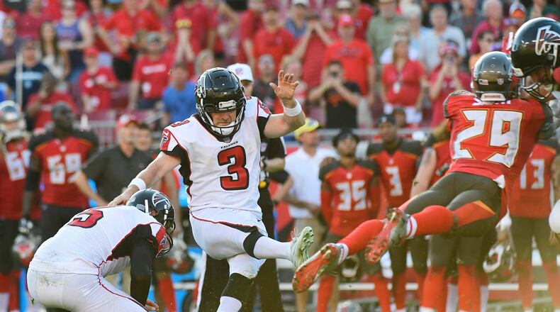 TAMPA, FLORIDA - DECEMBER 30: Matt Bryant #3 of the Atlanta Falcons kicks a 37-yard winning field goal as time expired against the Tampa Bay Buccaneers at Raymond James Stadium on December 30, 2018 in Tampa, Florida. (Photo by Julio Aguilar/Getty Images)