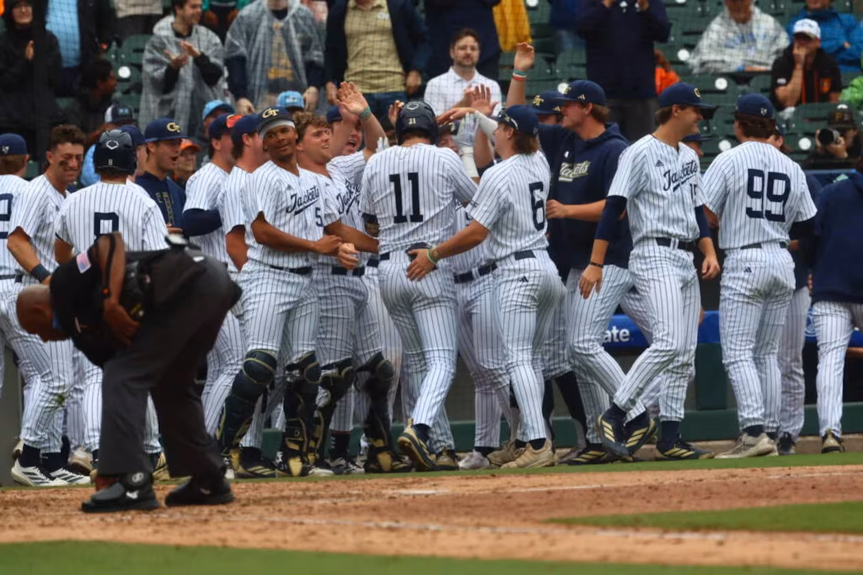 Georgia Tech players celebrate their win over Miami during the ACC semifinals on Saturday, May 23, 2026, at Truist Field in Charlotte, N.C. (Courtesy of Georgia Tech Athletics)