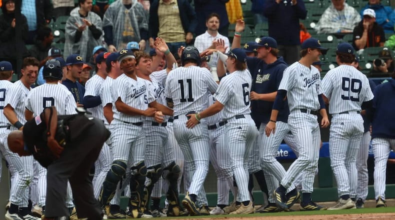 Georgia Tech players celebrate their win over Miami during the ACC semifinals on Saturday, May 23, 2026, at Truist Field in Charlotte, N.C. (Courtesy of Georgia Tech Athletics)