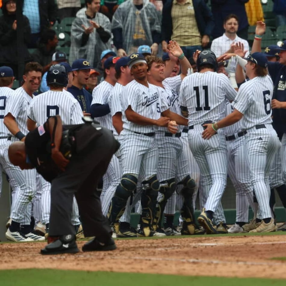 Georgia Tech players celebrate their win over Miami during the ACC semifinals on Saturday, May 23, 2026, at Truist Field in Charlotte, N.C. (Courtesy of Georgia Tech Athletics)
