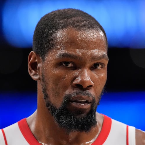 Houston Rockets forward Kevin Durant stands on the court during the second half in Game 2 of a first-round NBA playoffs basketball series against the Los Angeles Lakers, Tuesday, April 21, 2026, in Los Angeles. (AP Photo/Mark J. Terrill)