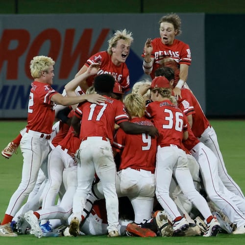 Loganville players celebrate after winning 4-3 against Pope in Game 3 of the Class 5A baseball championship series at Gwinnett Field on Tuesday, May 26, 2026, in Lawrenceville. (Miguel Martinez/AJC)