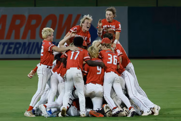 Loganville players celebrate after winning 4-3 against Pope in Game 3 of the Class 5A baseball championship series at Gwinnett Field on Tuesday, May 26, 2026, in Lawrenceville. (Miguel Martinez/AJC)