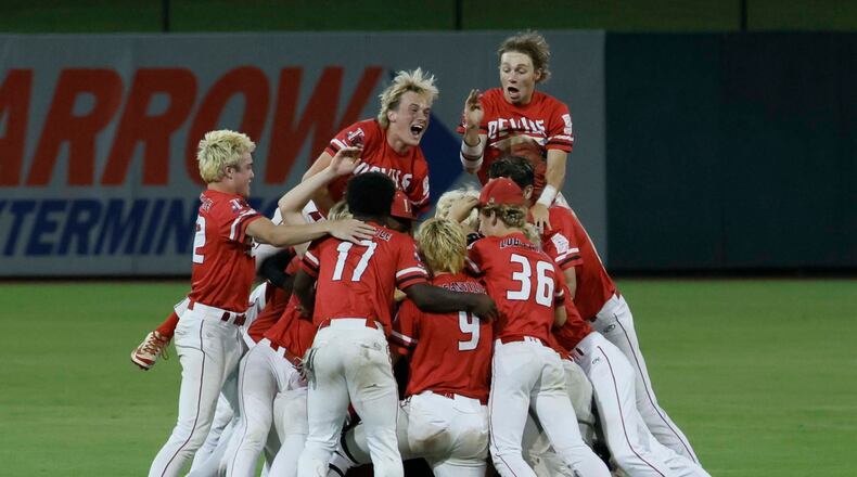 Loganville players celebrate after winning 4-3 against Pope in Game 3 of the Class 5A baseball championship series at Gwinnett Field on Tuesday, May 26, 2026, in Lawrenceville. (Miguel Martinez/AJC)